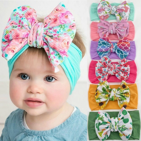 Pasgeboren Baby Meisjes Zacht Nylon Hoofdband Grote Strik Bedrukt Haarband Elastische Baby Hoofddeksels Haaraccessoires