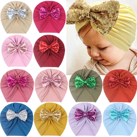 Baby Turban Mütze Mit Großer Pailletten Schleife Gekräuselt Weiches Polyester Baby Kopfband Für Kleinkinder Geburtstagsfeier Zubehör