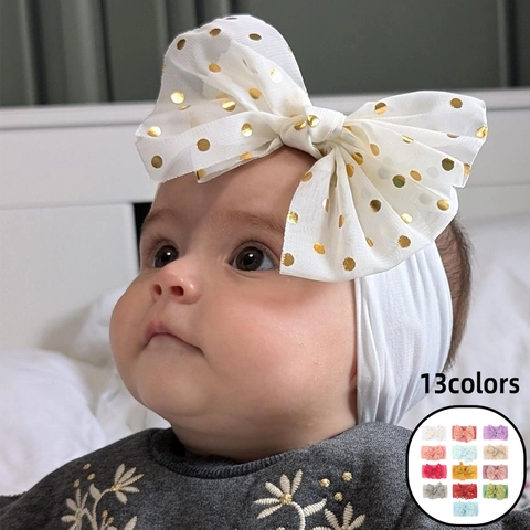 Soft Nylon Baby Headband Gold Polka Dot Big Bow Elastic Hair Band For Infant Toddler Girls Cute Hair Accessories