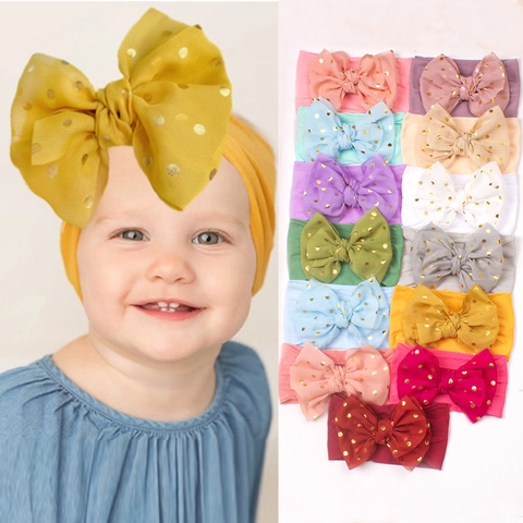 Soft Nylon Baby Headband Gold Polka Dot Big Bow Elastic Hair Band For Infant Toddler Girls Cute Hair Accessories
