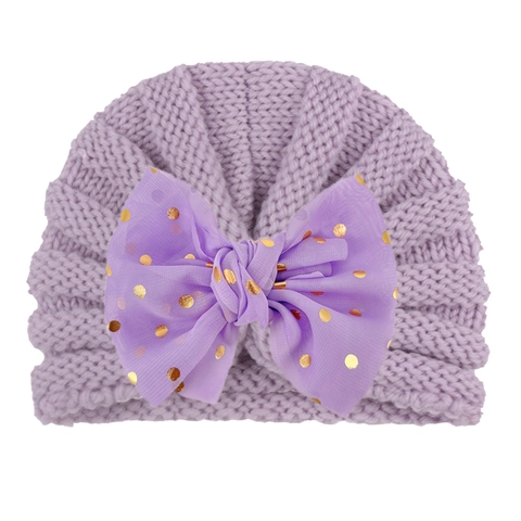 Bonnet Turbant en Tricot pour Bébé Avec Gros Nœud Pois Dorés Paillettes Doux Chaud Bonnet Nourrisson Bambin Style Bohémien Photo