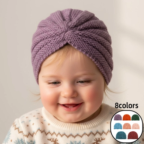 Soft Polyester Knitted Baby Turban Hat Winter Warm Solid Color Twisted Knot Beanie Cap For Infants Toddlers Children Headwear