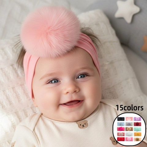 Diadema de Poliéster Elástica para Bebé Con Pompon de Piel Artificial Grande Accesorios para el Cabello Suaves para Niñas