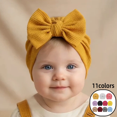 Neugeborene Baby Turban Hut Mit Großer Schleife Weicher Waffelstrick Säugling Kopfwickel Kleinkind Einfarbig Warme Beanie