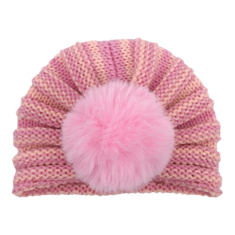 Soft Knit Baby Turban Hat With Large Pom Pom Stretchy Striped Beanie For Newborn Infant Toddler Girls Autumn Winter Warm Cap