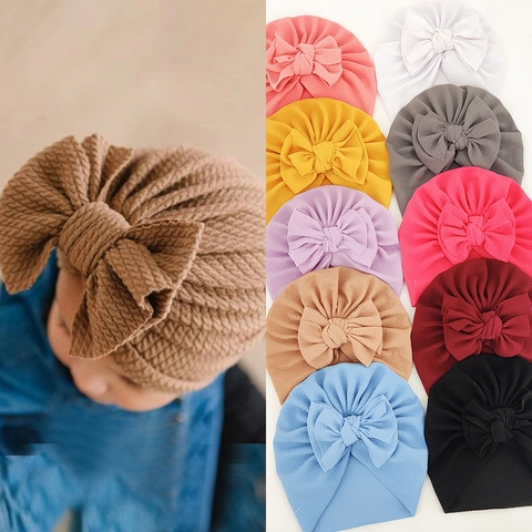 Neugeborene Baby Turban Hut Mit Großer Schleife Weicher Waffelstrick Säugling Kopfwickel Kleinkind Einfarbig Warme Beanie
