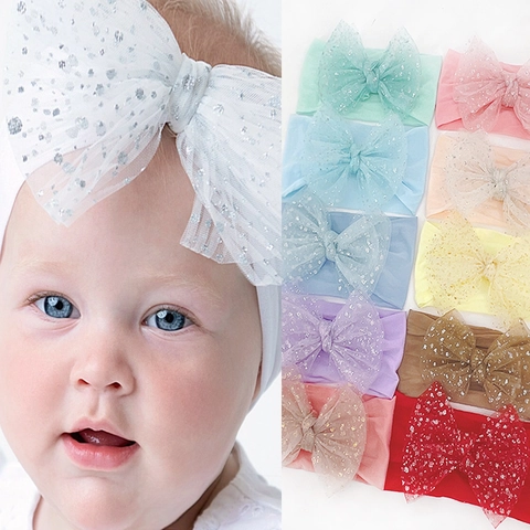 Fascia per Capelli in Nylon Morbido per Neonati Con Fiocco Grande in Rete Glitterata Elastico per Capelli per Bambini