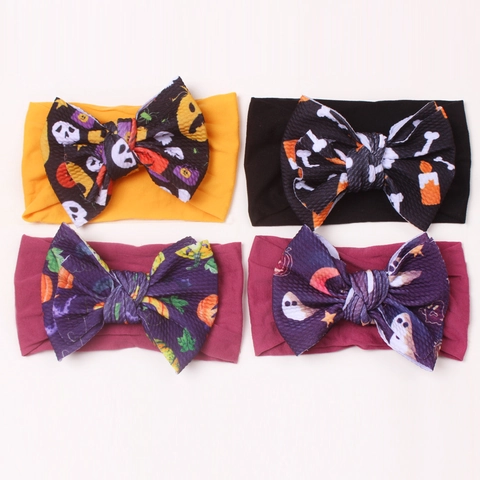 Baby Halloween Headband Large Bow Nylon Hairband With Pumpkin Skull Print For Newborn Toddler Festival Hair Accessories
