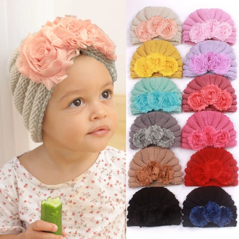 Weiche Baby Strick Turban Mütze Mit Blumen Dekor Warme Winter Beanie Kopfbedeckung Für Kleinkinder Neugeborene