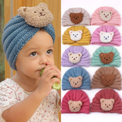 Baby Knitted Turban Hat With 3D Plush Bear Warm Infant Beanie Soft Elastic Winter Hat For Toddler Girls Boys Accessories