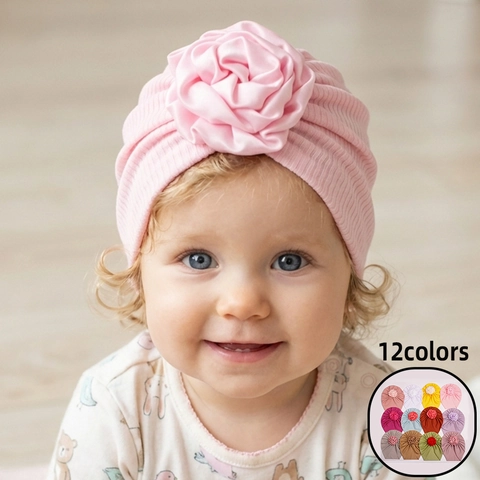 Baby Turban Hat Ribbed Knit Infant Beanie With Large Satin Rose Flower Soft Headwrap For Toddlers Girls Hair Accessories