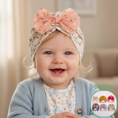 Baby Mädchen Turban Hut Rippenstruktur Blumenmuster Mütze Große Netzschleife Goldene Punkte Kleinkind Böhmisches Kopfband Zubehör
