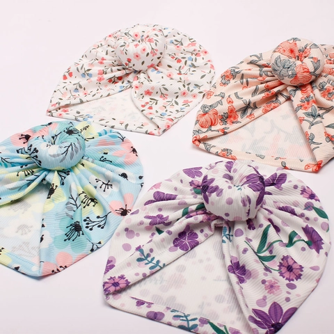 Baby Tulband Hoed Met Bloemenprint Geribbeld Zacht Rekbaar Donut Knoop Infant Headwrap Indiase Stijl Mutsen Voor Pasgeboren Peuter Meisjes Hoofddeksels