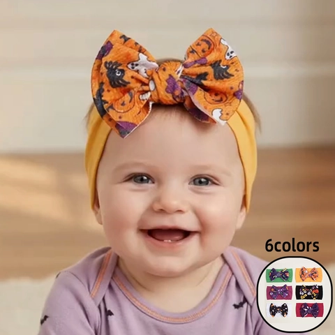 Halloween Baby Headband Waffle Knit Large Bow Pumpkin Ghost Print Soft Elastic Headwrap Toddler Infant Hair Accessories