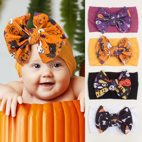 Halloween Baby Headband Waffle Knit Large Bow Pumpkin Ghost Print Soft Elastic Headwrap Toddler Infant Hair Accessories
