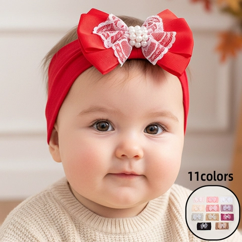 Fascia per Capelli in Nylon per Neonata Elastica Morbida Con Grande Fiocco in Pizzo e Perla Artificial di Imitazione Accessori per Bambini
