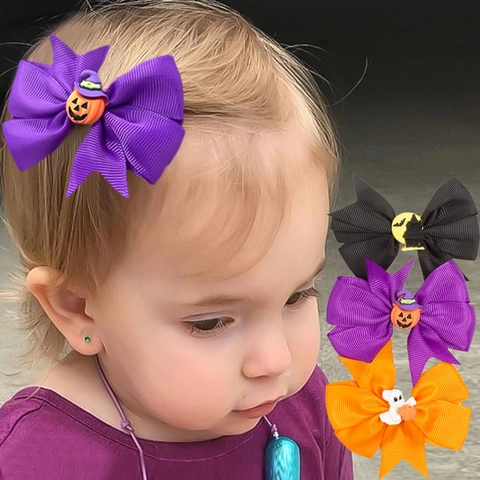 Halloween Grosgrain Ribbon Bow Hair Clips For Kids Toddler Pumpkin Ghost Bat Cartoon Bowknot Hairpin Festival Hair Accessories