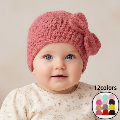 Soft Polyester Knit Infant Beanie Hat With Big Bow Solid Color Winter Warm Breathable Cap For Baby Girls Boys Toddlers