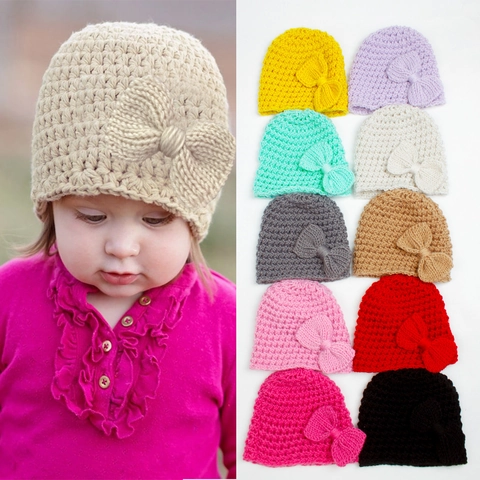 Soft Polyester Knit Infant Beanie Hat With Big Bow Solid Color Winter Warm Breathable Cap For Baby Girls Boys Toddlers