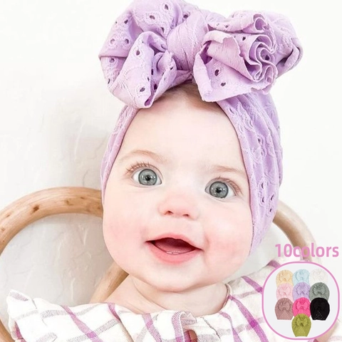 Baby Turban Hat With Large Bow Eyelet Breathable Polyester Infant Headwrap For Toddler Girls Photography Props Beanie