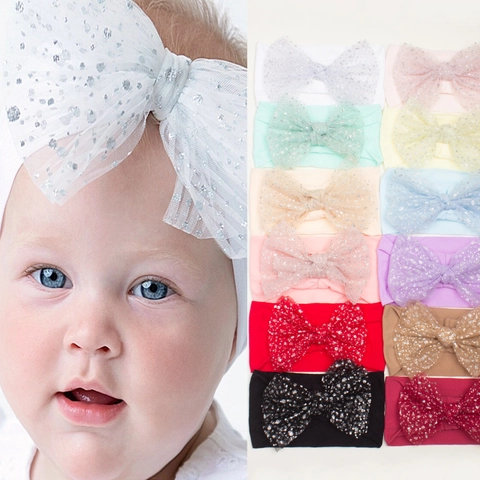 Baby Meisje Hoofdband Zacht Nylon Glinsterend Gaas Grote Strik Elastische Haarband Peuter Fotografie Haaraccessoire