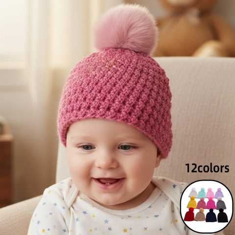 Baby Winter Warm Knit Hat Polyester Beanie With Large Pom Pom Solid Color Thickened Cap For Infants Toddlers Girls Boys