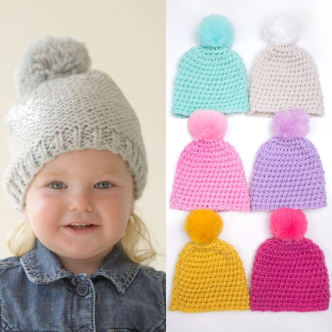 Baby Winter Warm Knit Hat Polyester Beanie With Large Pom Pom Solid Color Thickened Cap For Infants Toddlers Girls Boys