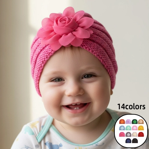 Baby Turban Hat Solid Color Soft Polyester Knitted Beanie With Large Flower Decoration Winter Warm Headwrap For Infants