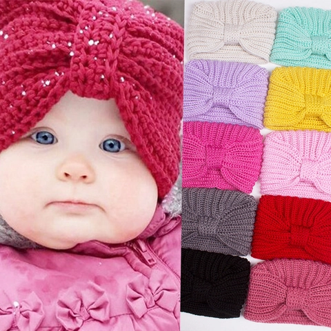 Baby Knitted Turban Hat With Bow Knot Soft Polyester Ribbed Beanie Warm Winter Fashion Accessory For Infant Girls Toddler
