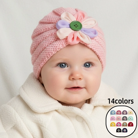 Baby Knitted Turban Hat With Flower Button Decor Winter Warm Polyester Beanie For Infants Toddlers Soft Headwear Accessories
