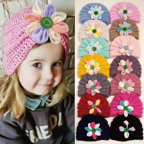 Baby Knitted Turban Hat With Flower Button Decor Winter Warm Polyester Beanie For Infants Toddlers Soft Headwear Accessories