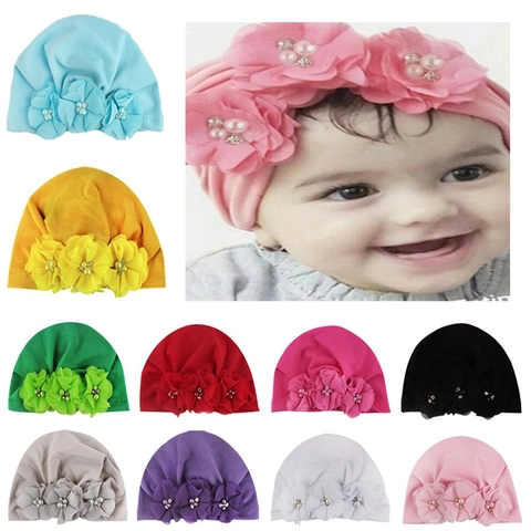Soft Cotton Knit Infant Turban Hat With Chiffon Flowers Pearl Rhinestone For Baby Girls Newborn Toddler Headwrap Beanie