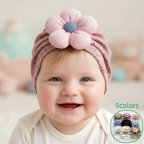 Baby Turban Hat Soft Hollow Out Breathable Beanie With 3D Flower Decoration Infant Toddler Newborn Head Wrap Accessory