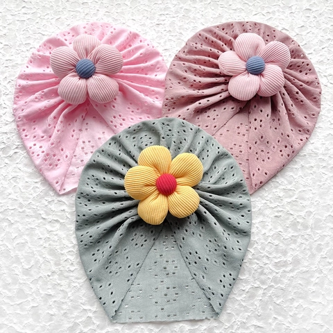 Baby Turban Hat Soft Hollow Out Breathable Beanie With 3D Flower Decoration Infant Toddler Newborn Head Wrap Accessory