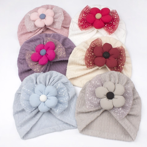 Baby Turban Hat With 3D Flower And Mesh Bow Soft Polyester Spandex Toddler Beanie Photography Props Newborn Infant Headwrap