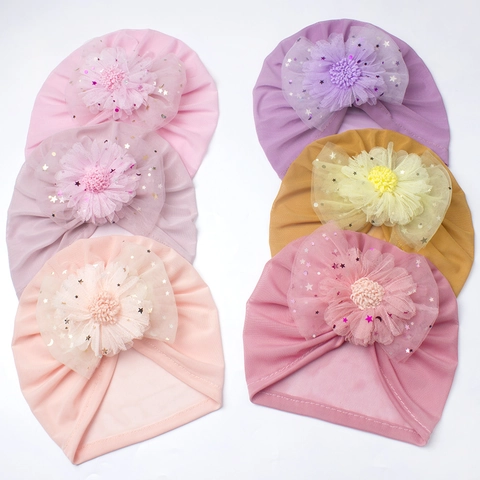 Baby Mädchen Netz Blume Turban Hut Glitzer Stern Mond Muster Weich Atmungsaktiv Säugling Beanie Mütze Fotografie Requisiten
