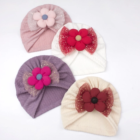Cute Infant Turban Hat Large Flower Bronzing Mesh Bow Polyester Knit Beanie For Newborn Toddler Baby Girls Accessories