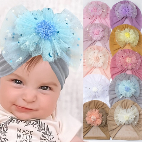 Baby Mädchen Netz Blume Turban Hut Glitzer Stern Mond Muster Weich Atmungsaktiv Säugling Beanie Mütze Fotografie Requisiten