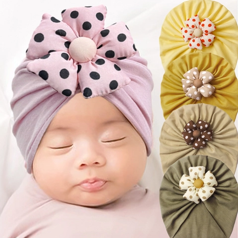 Berretto a Turbante in Tessuto Simil Cotone per Neonata Con Grande Fiore a Pois Protezione Fontanella Accessorio per Capelli Neonato