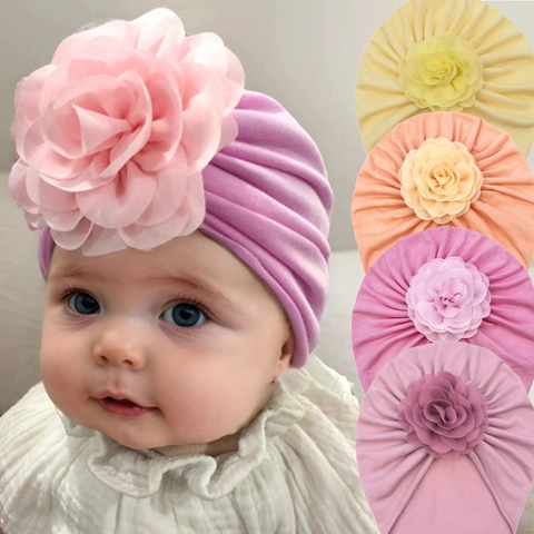 Newborn Baby Turban Hat Soft Polyester Stretchy Infant Bonnet Large Flower Fontanelle Protection Beanie Western Style Headwrap