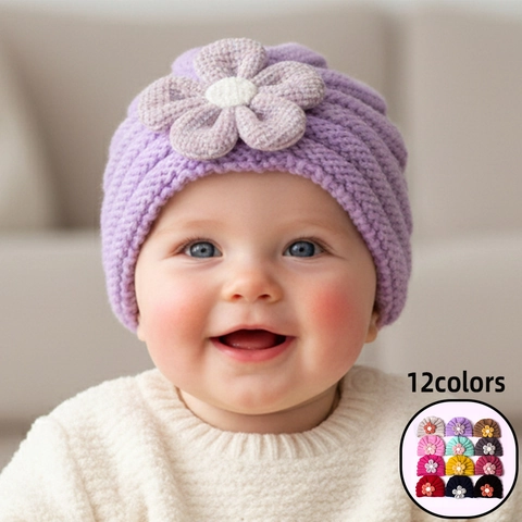 Soft Polyester Knit Baby Turban Hat With Large 3D Flower Warm Winter Beanie For Infants Toddlers Floral Headwear Jewelry