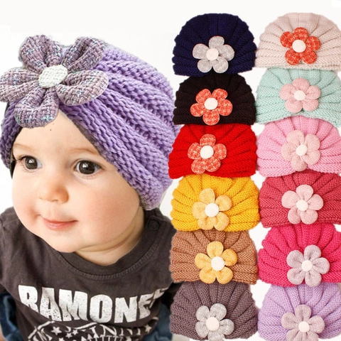 Soft Polyester Knit Baby Turban Hat With Large 3D Flower Warm Winter Beanie For Infants Toddlers Floral Headwear Jewelry