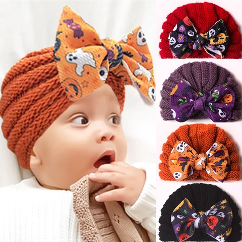 Gorro Turbante de Halloween para Bebé Lazo Grande Gorro de Punto Cálido Para Infantes Patrón de Fantasma Calabaza Murciélago