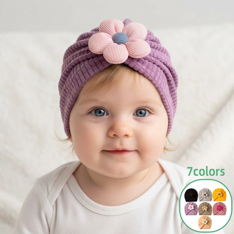 Cute Baby Turban Hat With Large 3D Flower Soft Polyester Waffle Knit Beanie For Newborn Infant Toddler Warm Windproof Headwrap