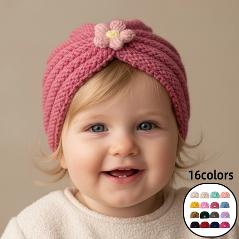 Baby Girl Knitted Turban Hat Soft Elastic Infant Beanie With Dimensional Flower Warm Winter Cap For Toddlers Photography Props