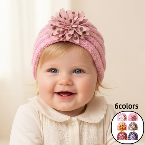 Baby Knitted Turban Hat With Large Flower Striped Infant Beanie Bohemian Style Warm Soft Headwrap Polyester For Newborn