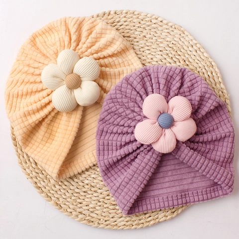 Cute Baby Turban Hat With Large 3D Flower Soft Polyester Waffle Knit Beanie For Newborn Infant Toddler Warm Windproof Headwrap