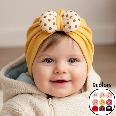 Soft Polyester Baby Turban Hat With Large Polka Dot Bow Knot Pleated Warm Beanie For Newborn Infant Toddler Girls Accessories