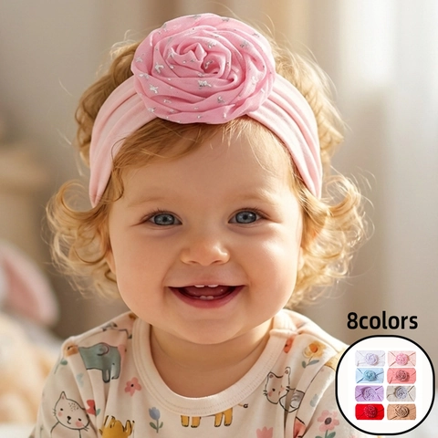 Baby Girls Nylon Elastic Headband Soft Rose Flower Head Wrap For Toddler Infants Comfortable Hair Accessories With Silver Sparkles