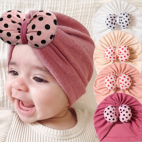 Soft Polyester Baby Turban Hat With Large Polka Dot Bow Knot Pleated Warm Beanie For Newborn Infant Toddler Girls Accessories